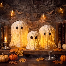 Geelin 3 Pcs Woven Ghost Decor with LED String Lights 3 Sizes Handmade Rattan Halloween Ghosts Warm White Lights for Fall Autumn Thanksgiving Table Mantel Party Home Office Decoration
