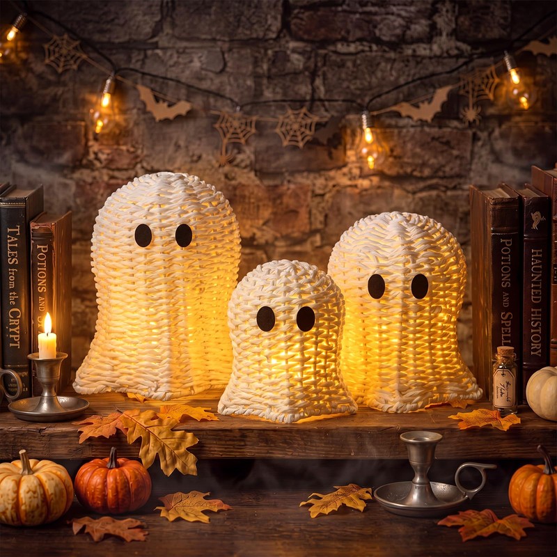 Geelin 3 Pcs Woven Ghost Decor with LED String Lights