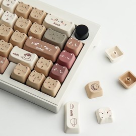 TYRIXKI PBT Keycaps 141 Keys Coffee Cat Keycaps Dye-Sublimation Cute Keycaps Mao Profile Custom Keycaps for Cherry Gateron MX Swithes Mechanical Gaming Keyboards