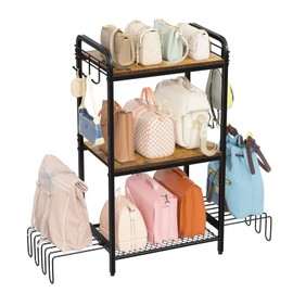 Iron & Wood Floor-Standing 3-Tier Purse Organizer Storage Rack with Adjustable Feet, High-Capacity Bag Organizer for Closet, Handbag Organizers Display Stand Shelf for Closet, Bedroom, Entryway
