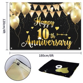 HAMIGAR 6x4ft Happy 10th Anniversary Banner Backdrop - 10 Wedding Anniversary Decorations Party Supplies - Black Gold