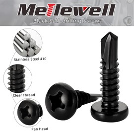 #10 X 3/4" Pan Head Self Drilling Screws, Phillips Drive Self Tapping Sheet Metal Tek Screws, Black Oxide 410 Stainless Steel, 100 PCS