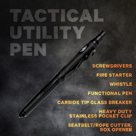 Uzi Tactical Utility Pen Features Screwdriver, Fire Starter, Whistle, Carbide Tip Glass Breaker, Heavy Duty Stainless Pocket Clip, Rope & Seatbelt Cutter, Black, Christmas Gift