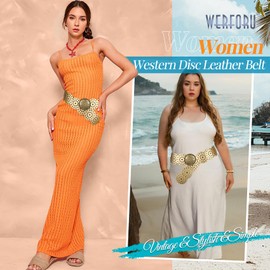 WERFORU Women Vintage Leather Belt Western Disc Waist Belts Ladies Western Belt Boho Belt for Dress Jean (41":Fit Waist Size Below 38",Gold-Bronze Buckle)