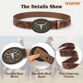 WHIPPY Mens Cowboy Belt Western Belts for Men Women with Engraved Floral Bull Head Buckle Western Leather Buckle Belt for Jeans,Brown-Silver 36"-40"