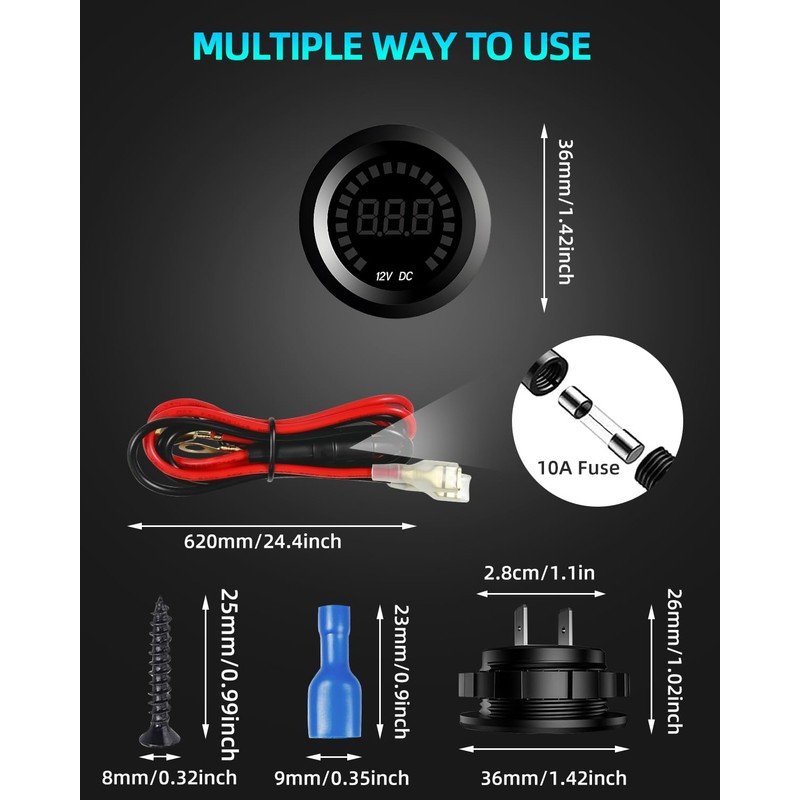 2PCS Waterproof DC 12V Voltage Meter, LED Digital Display Voltmeter
