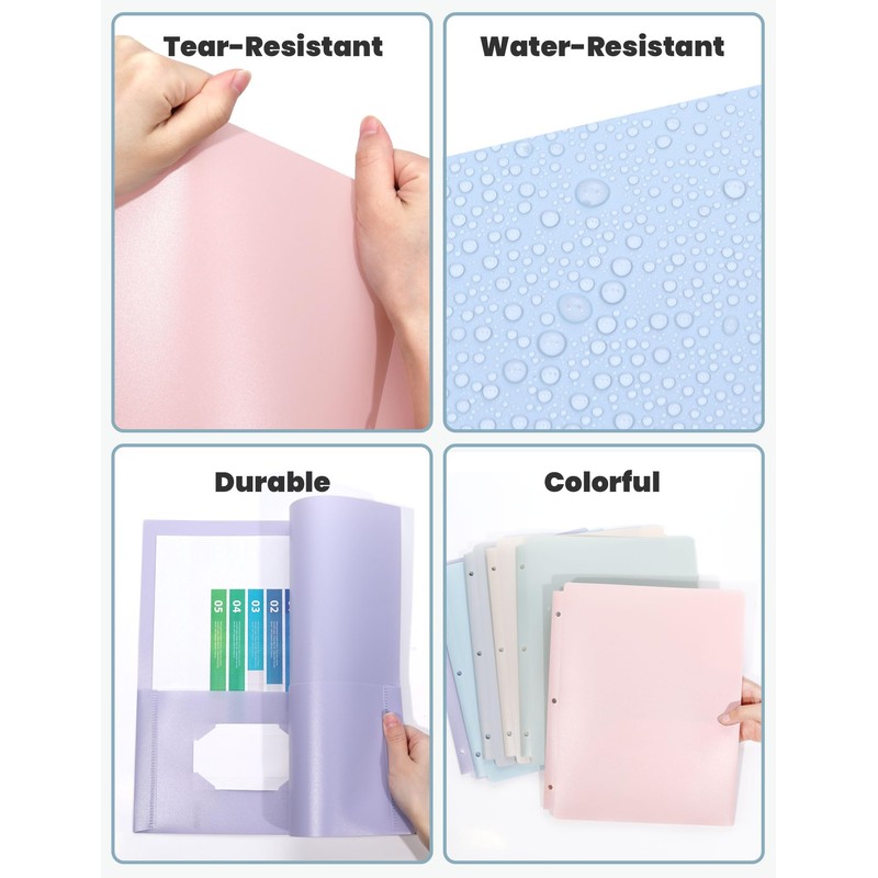 SUNEE 3 Hole Pocket Folders (6 Pack, Pastel Color), Plastic