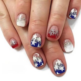24Pcs Independence Day Press on Nails Short Square Fake Nails Red Blue White Five-pointed Star Design, Glossy Silver Glitter False Nails Gel Glue on Nails 4th of July Manicure Stick on Nails for Women