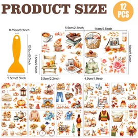 AHANDMAKER 12 Sheets Scratch Transfer Stickers with Scraper Autumn Themed Sticker Leaf Pumpkin Transfer Window Paper for Home Window Decoration 5.5 x 5.5 Inches