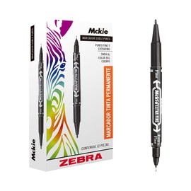 Zebra Marcador Permanente De Doble Punta Mckie Caja 12 Piezas Negro.