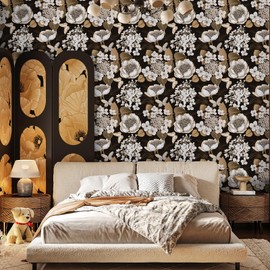 Abyssaly Vintage Floral Peel and Stick Wallpaper, Black and Gold Leaf Wallpaper, Self Adhesive Dark Floral Contact Paper Vinyl for Bedroom Bathroom Cabinets Drawers Decor 17.3" x 393.7"