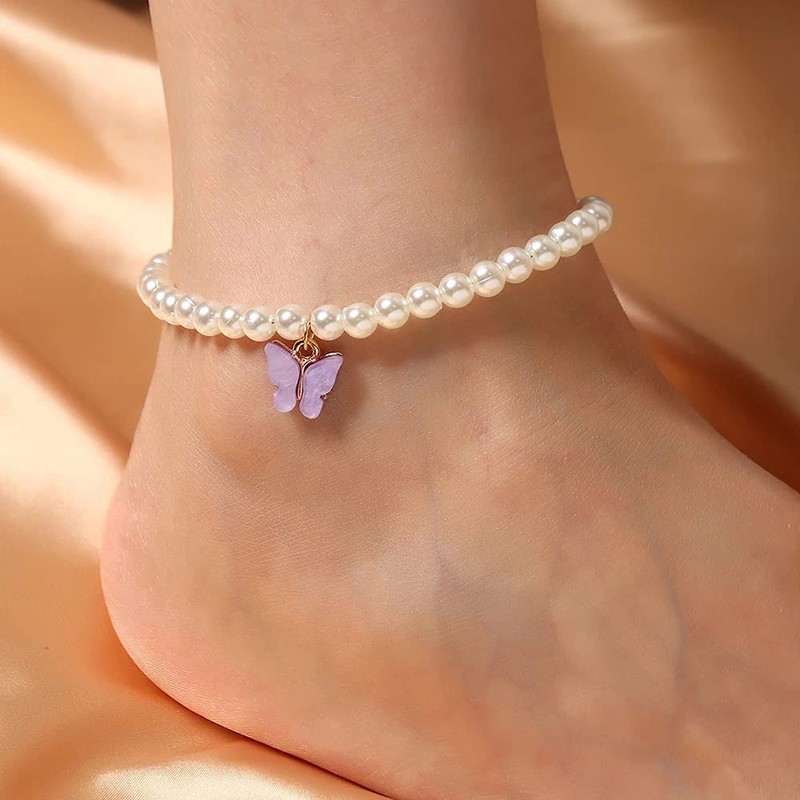 Pearls Ankle Stretchable Bracelet with Butterfly Charm