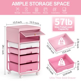 SYKIARIOL Rolling Storage Cart with 4 Drawers,Storage Drawers Utility Cart with Lockable Wheels,Craft Storage Trolley Cart for Office, Living Room,Bedroom,Classroom,Kid's Room,Pink
