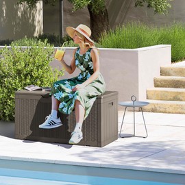 Devoko 97 Gallon Deck Box, Waterproof Resin Outdoor Storage Box for Outside and Patio, Large Outdoor Storage Bench Cabinet Lockable for Patio Furniture, Garden Tools and Pool Supplies (Brown)