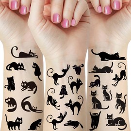 12 Sheets Black Cat Temporary Tattoos, Minimalist Black & White Cat Tattoo Stickers Set, Variety Poses Silhouette Sitting Lying Jumping Stretching Side View Back View Big Eye Cartoon Abstract Line