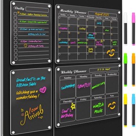 4Pcs Fridge Calendars 2025 Acrylic Magnetic Calendar for Refrigerator Fridge White Board Calendar Chalk Dry Erase Calendars Magnets Chalkboard Monthly Weekly Planner with 6 Highlight Markers:_MTH+WK+MEMO