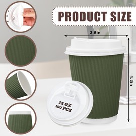 Whaline 100Pcs Nude Sage Green Disposable Coffee Cups with Lids 12oz Milky White Brown Green Paper Cups Corrugated Ripple Wall Insulated Hot Cups for Home Office Party Supplies