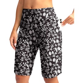 Viodia Women's 11" Long Swim Board Shorts with Pockets Modest Bathing Suit Swimsuits Knee Length Short for Women with Liner Black Flower L