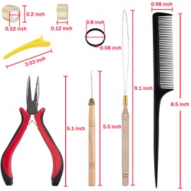 Duufin Hair Extensions Tools Kit 500 Pcs Blonde Micro Ring Beads 1 Pc Micro Beads Plier 2 Pcs Loop Needle Threader Pulling Hook 4 Pcs Plastic Alligator Clips 1 Pc Comb and 2 Bags Mini Rubber Bands