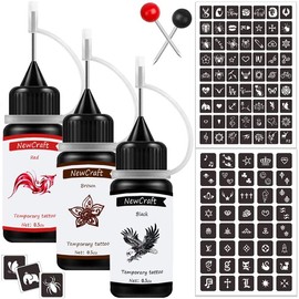 Art Painting Kit Semi Permanent Tattoo Ink Freehand Gel 103 Pcs Free Stencils, DIY Fake Freckles, Full Kit 3 Bottles - Color: Black,Brown,Red