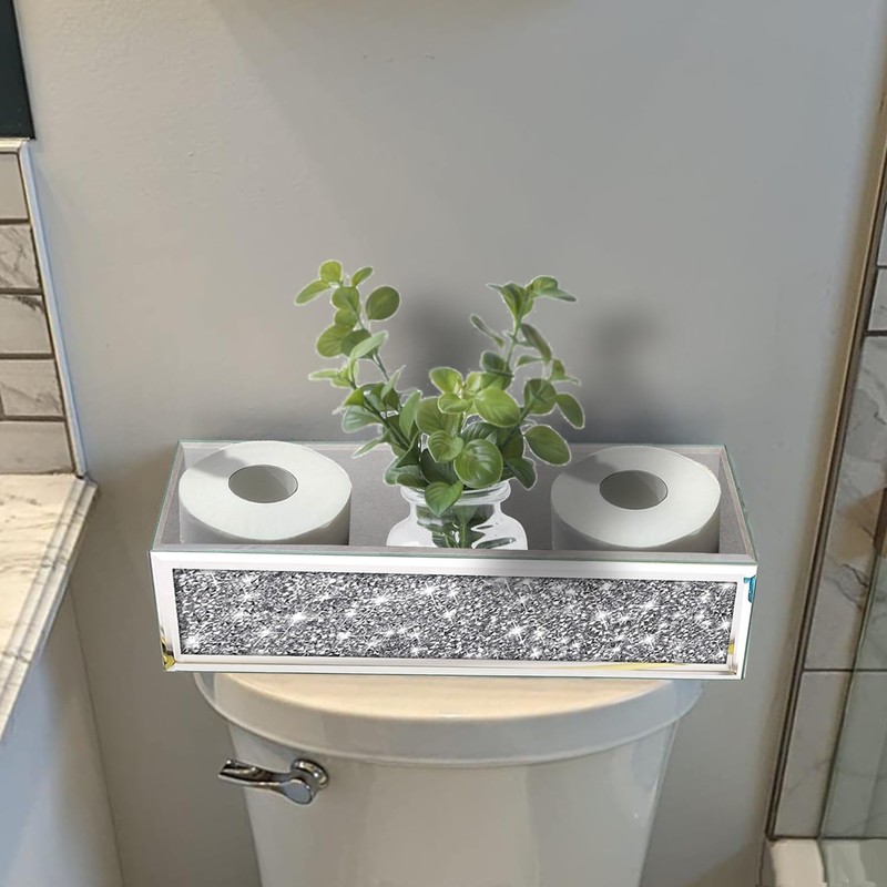 Wocred Bathroom Basket Toilet Tank,Crushed Diamond Mirrored Bathroom Tray Wall-Mounted,Silver