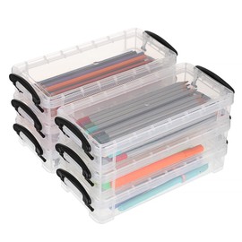 TOLIDA Pencil Box 6 Pieces Plastic Stackable Pencil Box with Lid Transparent Stationery Box with Black Clip Pen Holder Storage Box for Children Boys Students for School Supplies Office Supplies