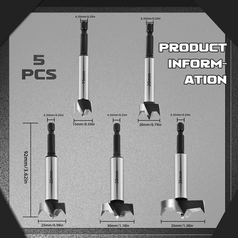 LPZMPZ Forstner Drill Bit Set, Wood Drill Bit Set, 5-Piece