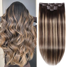 Clip in Hair Extensions Real Human Hair Extensions 20 Inch Human Hair Clip in Extensions Balayage Chocolate Brown to Caramel Blonde Clip ins for Women Remy Human Hair Extensions #4/4/27 80g 5pcs