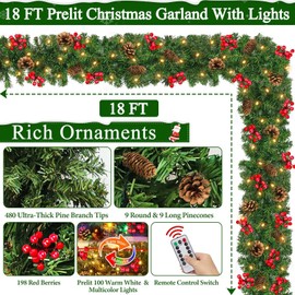 Remote Control 18 FT Extra Long Prelit Christmas Garland with 480Thick Branch Tips Pinecones & Red Berries, 100 Warm White & Multicolor LED Lights 8 Modes Timer for Stairs Mantel Doorway Decor