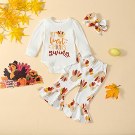 YINGISFITM My First Thanksgiving Baby Girl Outfit Newborn Turkey Onesie Romper Bell Bottoms Pants Fall Winter Clothes (First Thanksgiving, 0-3 Months)