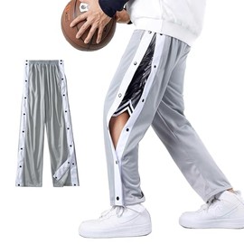 Fleece Mens Post Surgery Tearway Pants, 2 Side Snap On Off Bedridden Patient Clothing Leg Full Open Down Basketball Tear Way Pants Recovery Breakaway Sweatpants with Pockets Grey