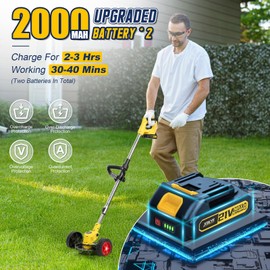 21V Cordless Electric Weed Eater with 2.0Ah Battery – Grass Trimmer on Wheels, Lawn Edger & Brush Cutter in One, Includes 3 Types of Blades – Ideal Power Tool for Yard and Garden Care