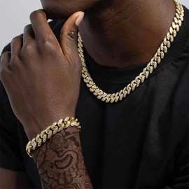 richhut 18k Yellow Gold Diamond Cuban Link Necklace Bracelet Set - Miami Iced Out, Exquisite Hip Hop Jewelry with Bling for Men & Women