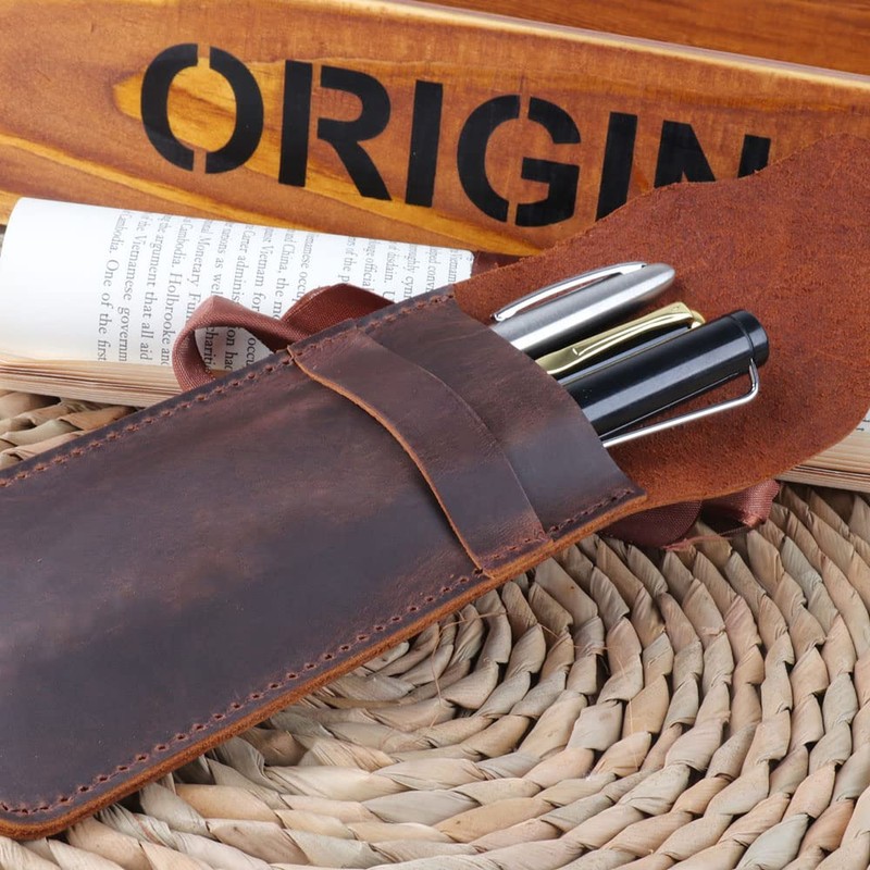 Leather Pencil Case with Slip Tab Crazy Horse Pen Holder