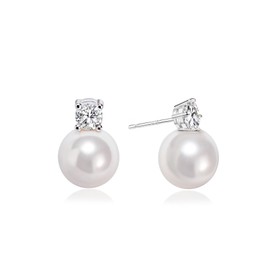 925 Sterling Silver Post Pearl Earrings Gold/Silver CZ Diamond Pearl Stud Earrings Bridesmaid Wedding Earrings Women Jewelry Gifts 6mm/8mm/10mm (8mm, Silver)