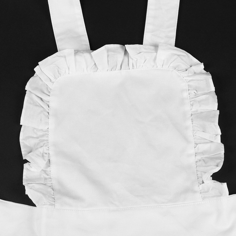 White Cotton Women Maid Apron Ruffle Hem Kitchen Solid Color