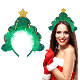 WLLHYF Christmas Tree Headband Green Creative Elves Headband with Bells Xmas Santa Hat Cute Headwear Fashion Headbands Christmas Festival Party Accessories for Adults