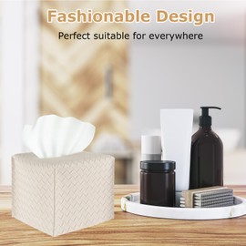 Sibba Tissue Box Cover Square Facial Tissue Holder PU Leather Tissue Case Hand Towel Organizer Tissue Dispenser Beige Braid Storage Bag for Bathroom Vanity Countertop Tabletop Car Dresser