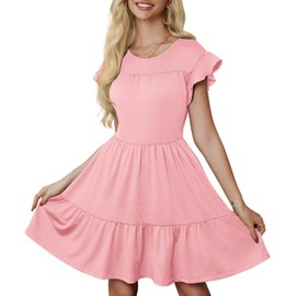 PerZeal Women's Summer Casual Tiered Midi Dress Ruffle Short Sleeve A-Line Flare Swing Dress Solid Cute Beach Sundress Pink Medium