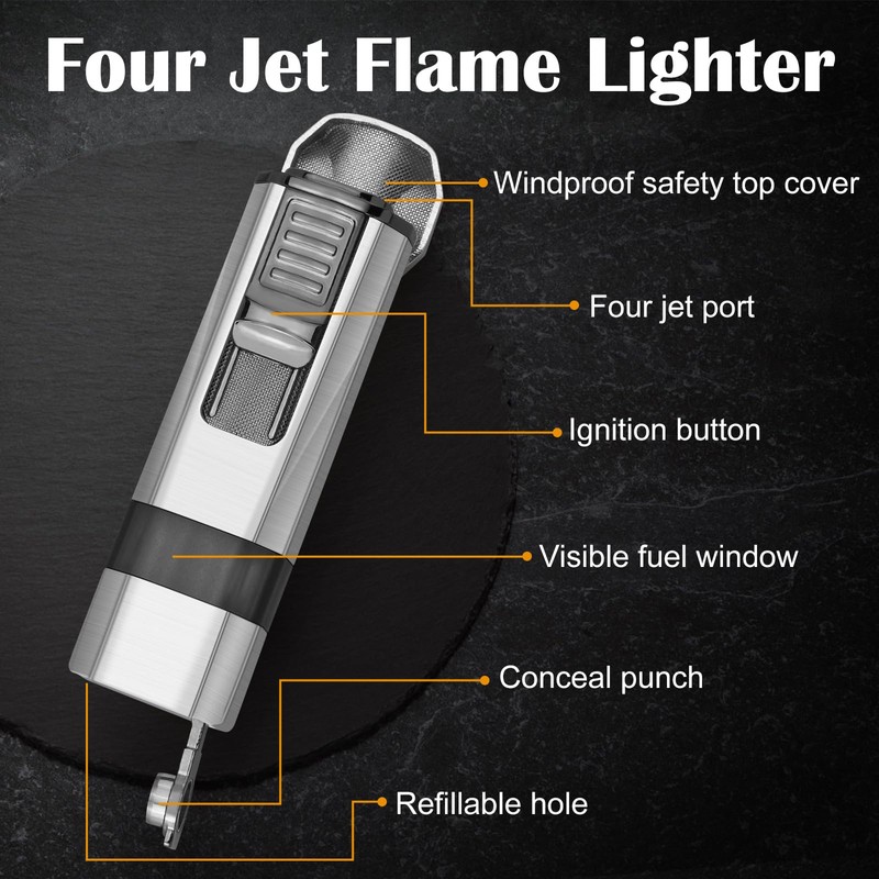 FLABOX Four Jet Flame Torch Lighter with Punch and Holder,