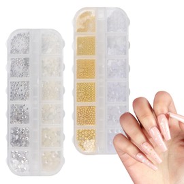 2Boxes Flatback Pearls (White+Beige) and Half Beads for Nails Art Flat Back Nail Pearls Gold Metal Caviar Beads Charms White Rhinestones Nail Mini Decoration Accessories Kit for DIY Nails Art Jewelry
