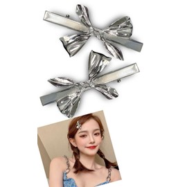 Edges42 Hair Clip, Silver, Small Hairpin, Ribbon, Hair Clip, Hair Accessory, Set of 2 (Silver 1)