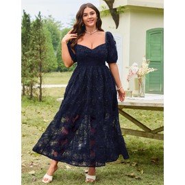 Plus Size Summer Dresses: Navy Blue Dress for Curvy Women - Navy Blue Floral Maxi Sundress Seniors - Wedding Guest Dresses for Women Plus Size