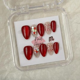NailHaven| Short Almond Shape Collection - 10 Pcs Handmade Press-On Nails, Cute Acrylic Nails, High Quality, Reusable, Nail Art & Nail Charms:_SA-05 Red velvet icing _S