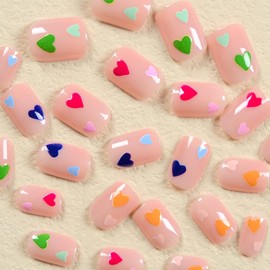 Valentine's Day Press on Nails Short Square Fake Nails with Red Blue Green Orange Heart Designs Glue on Nails Full Cover Heart False Nails Artificial Acrylic Stick on Nails for Women and Girls 24Pcs