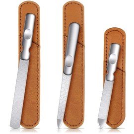 3 Pcs Stainless Steel Nail Files Kit with Leather Case, Double Sided Metal Nail Files with Anti-Slip Handle for Women and Men, Metal File Buffer Manicure Pedicure Tools for Fingernail Toenail(Brown)