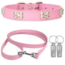 Suiecuor Leather Collar and Lead Collar with Metal Bone Decoration Suitable for Small Medium Large Dogs and Cats Pink XS