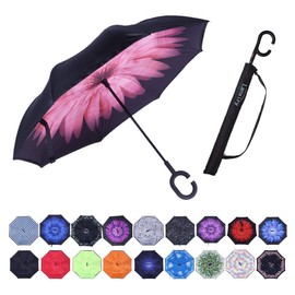 Umbrella,Windproof Waterproof Golf Umbrella,Double Layer Folding Inverted Anti-UV Protection Umbrellas,Reverse Sun Umbrella With C-Shaped Handle,Upside Down Umbrella for Car Rain Outdoor (pink daisy)