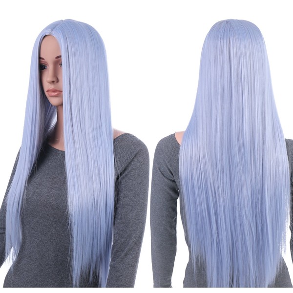 Onedor 31 Inches Silver Blue Straight Long Synthetic Hair Women Full Head Cosplay Wig with Wig Cap