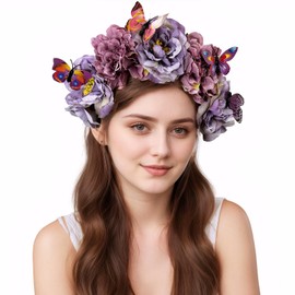 Yheahin Mexican Rose Flower Crown Headband for Women Butterfly Floral Headpiece Day of The Dead Headband Cosplay Party Costume Flower Hair Accessories (Butterfly 2- purple, Elastic)